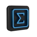 Blue Sigma symbol icon isolated on transparent background. Black square button.