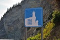 Blue sign indicating Landâs End location.