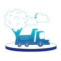 Blue silhouette dump truck in the city with clouds and tree