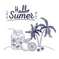 Blue silhouette poster of hello summer with landscape of palm trees and bottle with citrus drink