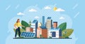 Blue silicon photovoltaic electric solar panel. Smart eco city. Green energy power