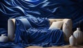 Blue silk curtain adds elegance to modern bedroom decor generated by AI