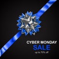 Blue and silver bow with diagonally ribbon with shadow and inscription Cyber Monday Sale Royalty Free Stock Photo