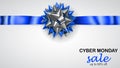 Blue and silver bow with horizontal ribbon with shadow and inscription Cyber Monday Sale