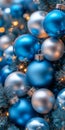 Blue And Silver Christmas Decoration Balls With Lights.,Close Up Christmas Background. Royalty Free Stock Photo