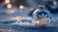 Blue and silver Christmas ornament with snowflake design in snow Royalty Free Stock Photo