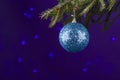 Blue Silver Christmas or Xmas ball ornaments hanging on Christmas or pine tree branch in theme frozen. Royalty Free Stock Photo