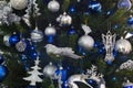 Blue and silver decorations of christmas tree Royalty Free Stock Photo