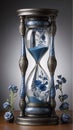 Blue and silver hourglass with flowers inside. The hourglass is sitting on a table with small blue flowers in pots on either side Royalty Free Stock Photo