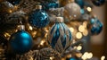 Blue and Silver Ornaments Decorate a Christmas Tree Royalty Free Stock Photo