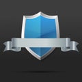 Blue and silver shield with ribbon. Vector illustration. Royalty Free Stock Photo