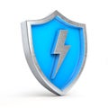 Blue and silver shield with silver thunderbolt on white background. Blue and silver shield with lightning left view.