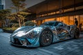 A blue and silver sports car is parked in front of a building in this photo, Metallic sports car with intricate designs parked Royalty Free Stock Photo