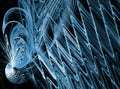 Blue sine waves travel diagonally from a circular shape against a black background. Abstract fractal background.