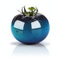 Blue single realistic shiny tomato on white background. AI generative illustration