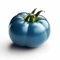 Blue single realistic shiny tomato on white background. AI generative illustration