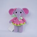 Blue sitting elephant, crochet toy. Royalty Free Stock Photo