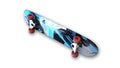 Blue skateboard, sports equipment on white background, bottom view