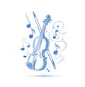 Blue Line Art Violin with Musical Notes Royalty Free Stock Photo
