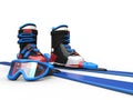 Blue skiis with blue rimmed ski goggles Royalty Free Stock Photo