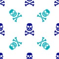 Blue Skull on crossbones icon isolated seamless pattern on white background. Happy Halloween party. Vector Royalty Free Stock Photo