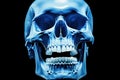 a blue skull with teeth