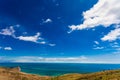 Blue sky above turquoise sea on sunny day. Beautiful marine landscape