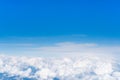 Blue sky above white fluffy cloud, cloudscape background with copy space