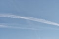 Blue sky with airplane contrails as abstract background