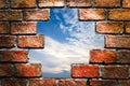 Blue sky through ancient brick wall