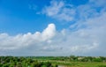 Blue sky background with cumulus white clouds, nature photography, sun rays, natural background, cloud wallpaper Royalty Free Stock Photo