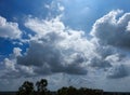 Blue sky background with cumulus white clouds, nature photography, sun rays, natural background, cloud wallpaper Royalty Free Stock Photo