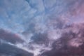 Blue sky background with evening fluffy curly rolling altocumulus altostratus clouds with setting sun. Good windy weather
