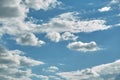 Blue sky background with illuminated clouds. Natural texture after rain sky. Summer background concept.