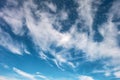 Blue sky background with tiny stratus cirrus striped clouds. Clearing day and Good windy weather Royalty Free Stock Photo