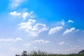 Blue sky background with white clouds group pattern , grass and treetop