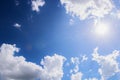 Blue sky background with white clouds and sun Royalty Free Stock Photo