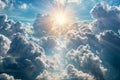 Blue sky background with white clouds and sun rays. Copy space Royalty Free Stock Photo