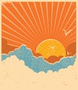 Blue sky with beautifull clouds.Vector retro poster