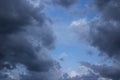 Blue sky behind dark storm clouds background texture, thunderstorm Royalty Free Stock Photo