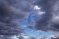 Blue sky behind dark storm clouds background texture, thunderstorm Royalty Free Stock Photo