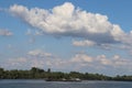 Big clouds over river towboat