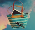 Blue Sky ,Bright sun ,Beach Accessories illustration Tablet, handbag ,Smartphone, Sunglass Royalty Free Stock Photo