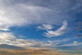 Blue sky with Cirrus Clouds formation and yellow shade of sunset Royalty Free Stock Photo