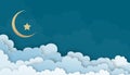 Blue Sky with cloud and Crescent moon and star, Vector illustration Cloudscape layers 3D paper cut ,Nature background banner for