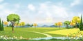 Blue sky with cloud, lake and farmland in countryside on spring,Village with grass land, skyline with sun rays in evening summer.