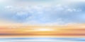 Blue sky with cloud by the sea,Vector Cartoon sky with orang, yellow, pink sky with sunrise.Concept all seasonal horizon banner