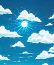 Blue sky with clouds. Anime style background with shining sun and white fluffy clouds Royalty Free Stock Photo