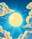 Blue sky with clouds. Anime style background with shining sun and white fluffy clouds Royalty Free Stock Photo