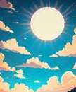 Blue sky with clouds. Anime style background with shining sun and white fluffy clouds Royalty Free Stock Photo